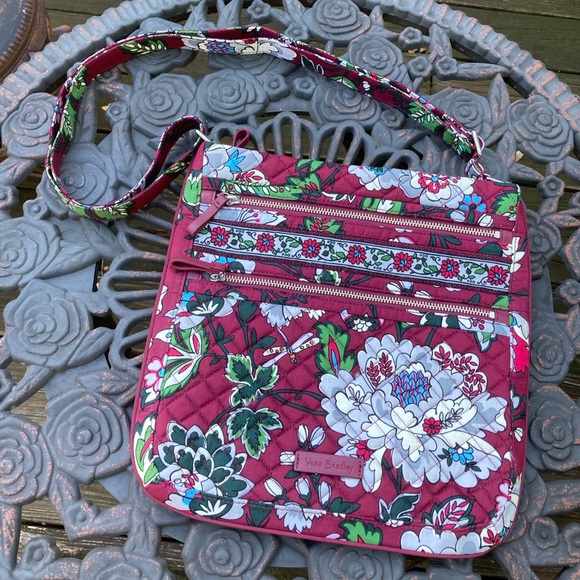 NWOT VERA BRADLEY Iconic Triple Zip Hipster Crossbody Bordeaux Blooms 12”x12” - Picture 1 of 11
